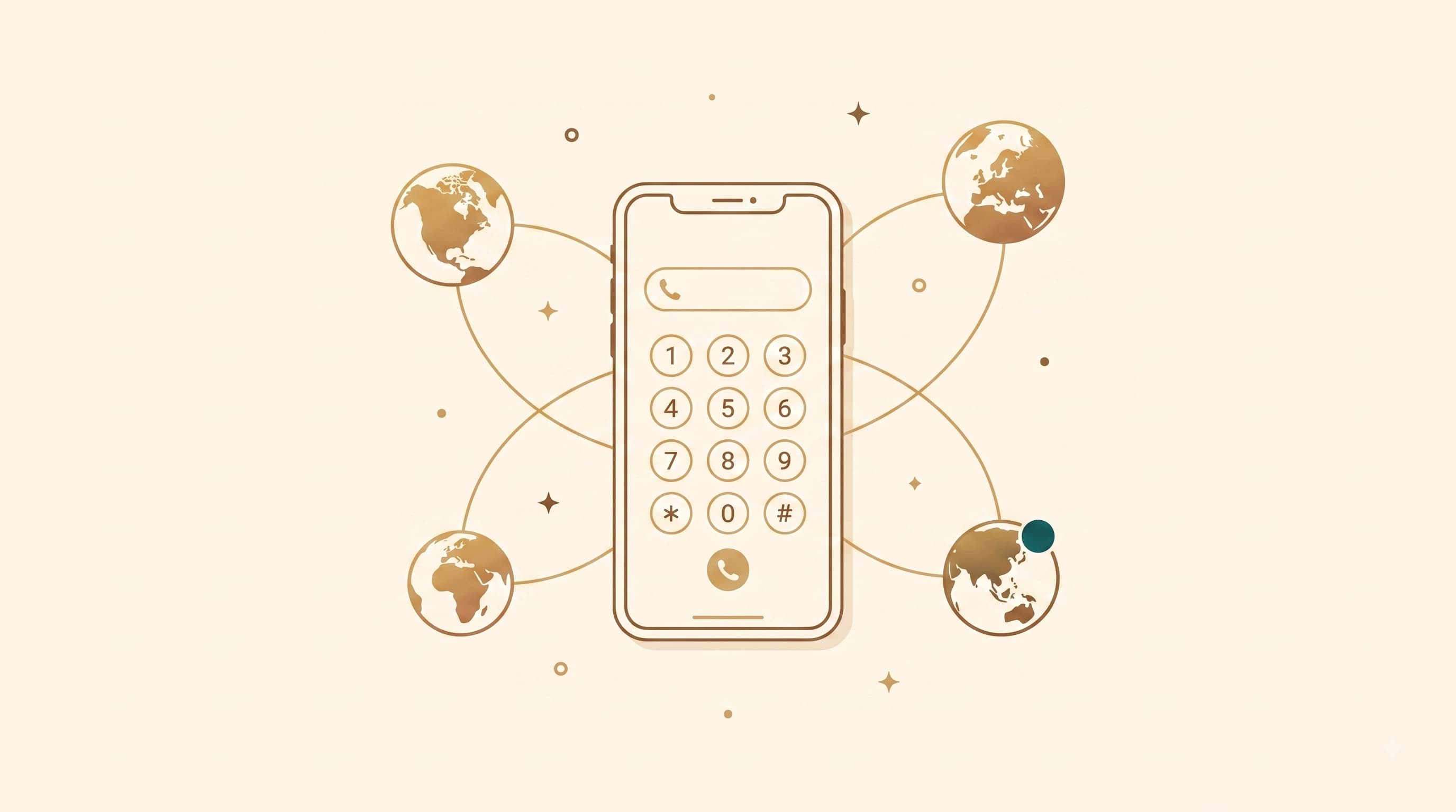 Illustration of a stylized smartphone dialer with connected country markers around it