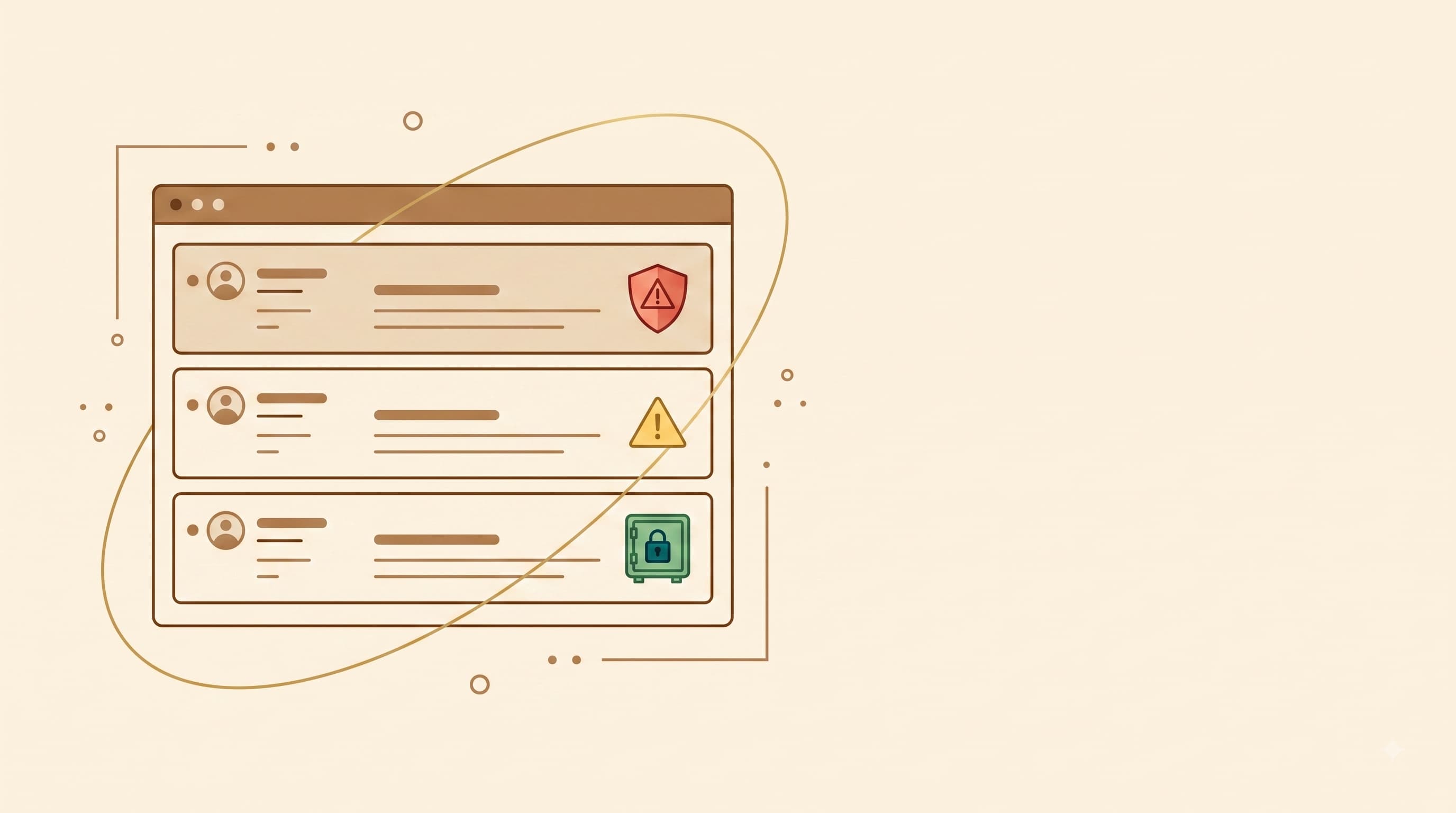 Illustration of an email inbox with three emails, each marked with a colored risk label