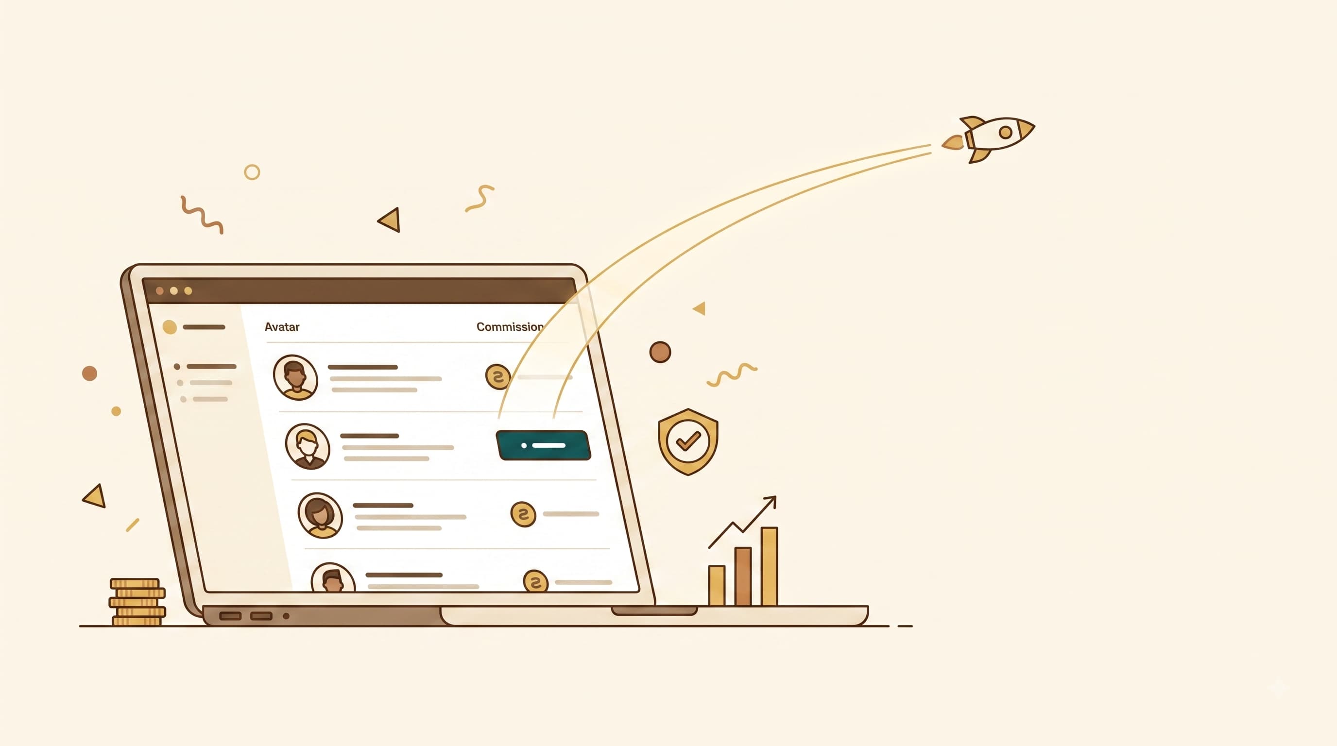 Illustration of a launch moment — a partner-tracking dashboard with a rising trail suggesting momentum